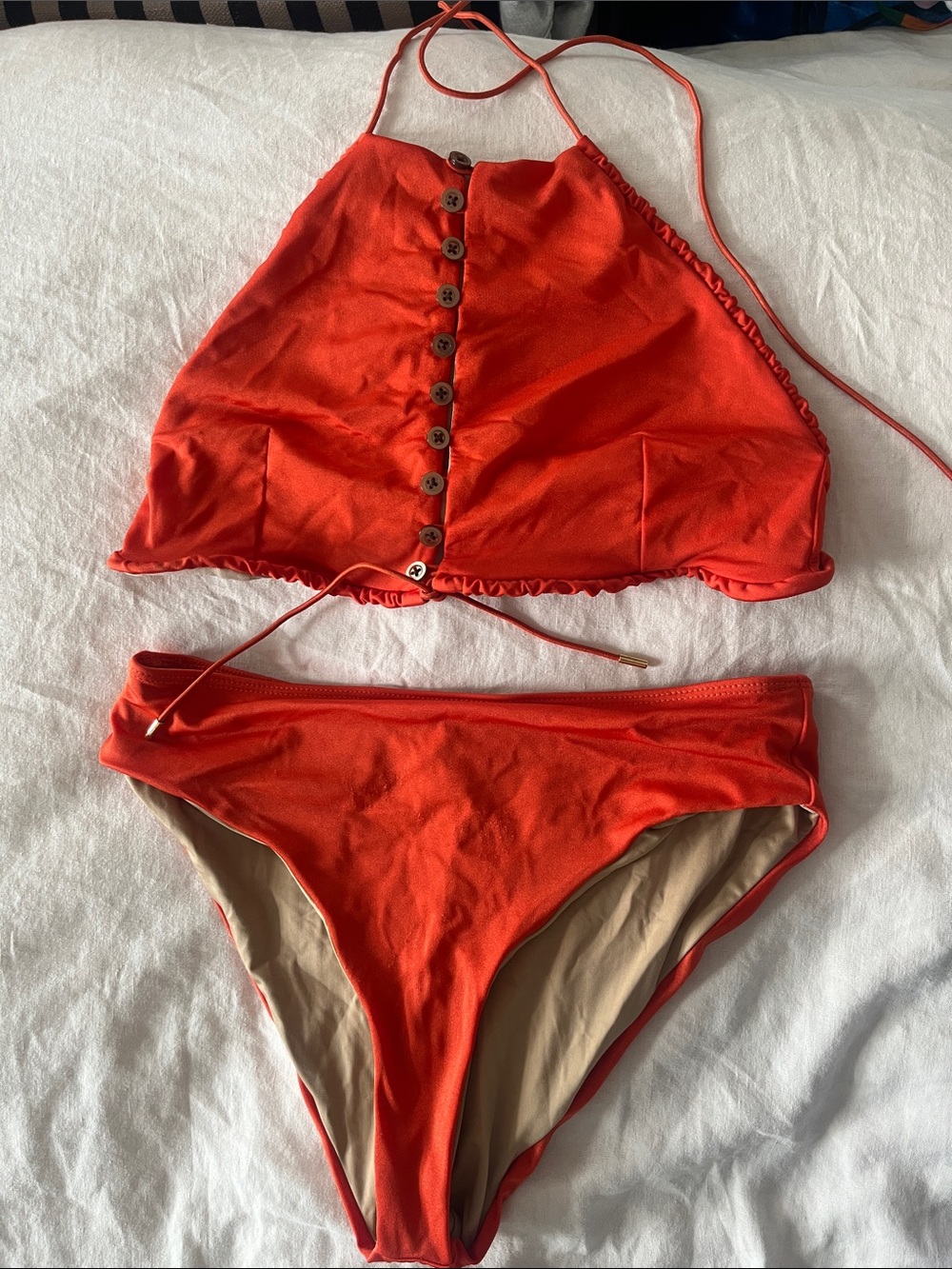 Red Button-Front High Neck Bikini Set